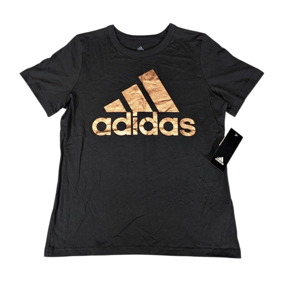 Adidas Girls Black Rose Gold Logo Graphic T-Shirt Size L 14 New AA3157